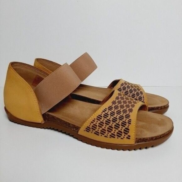 BOS & CO Open Toe Sandals Flats Summer Shoes Laser Cut Yellow Sz 9 - Picture 2 of 13
